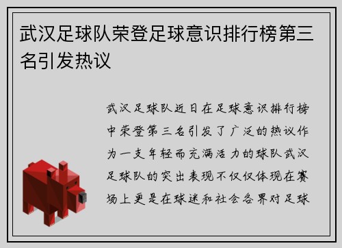 武汉足球队荣登足球意识排行榜第三名引发热议